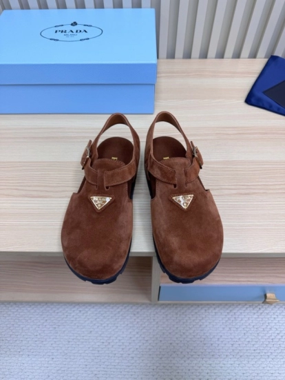2025 Women Prada Brown Suede Slingback Buckle Sandals LY00280