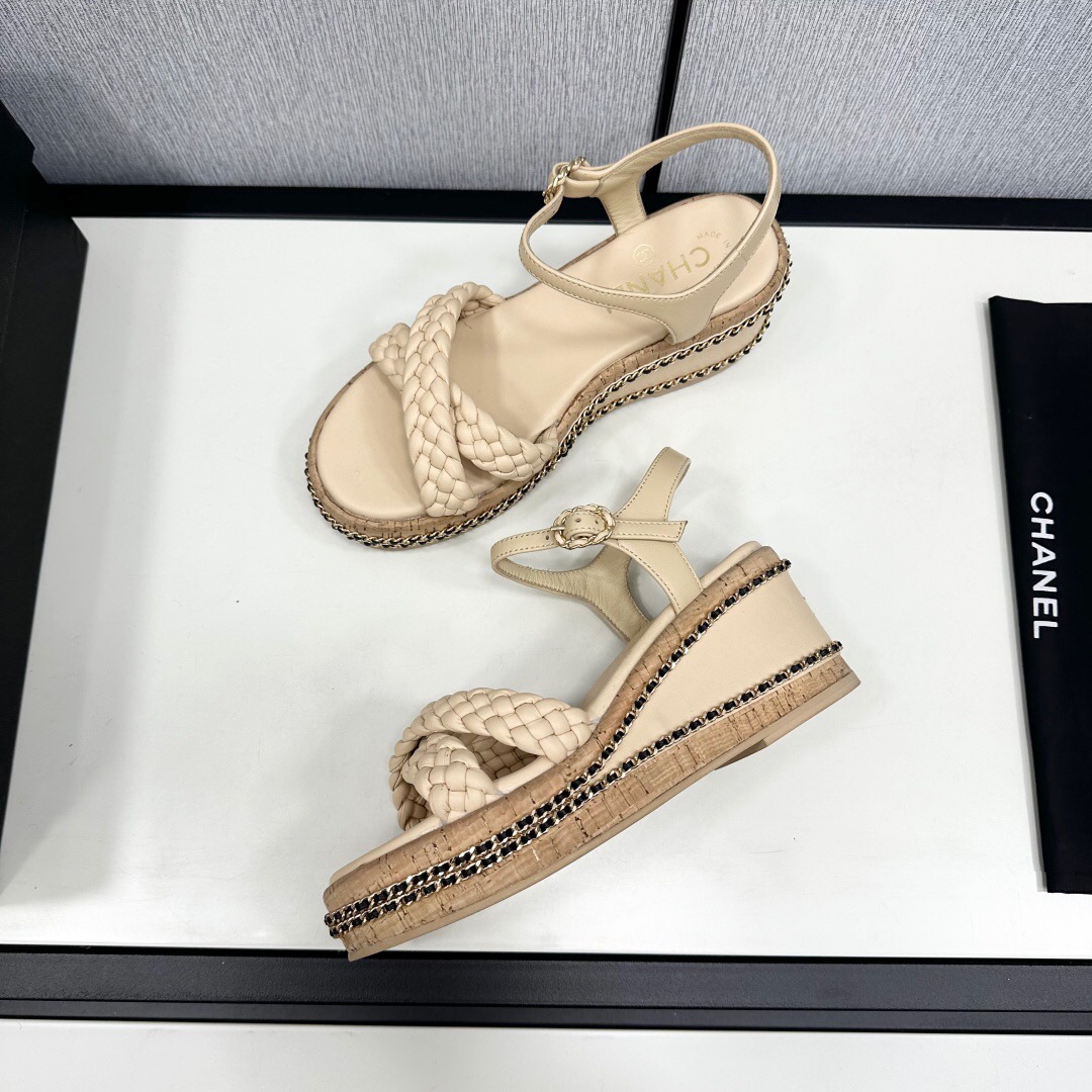 2025 Women Chanel Beige Leather Wedge Sandals