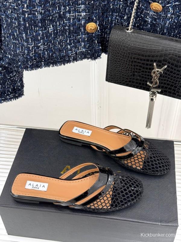 2025 Women AlAIA Black Leather Mesh Flat Mule KFY00260