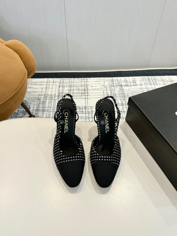 2025 Women Chanel Black White Tweed Leather Slingback Pumps