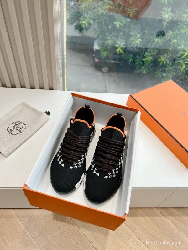 2024 Unisex Hermès Black Orange Calf Suede Knit Sneakers MJ00290(W/M)