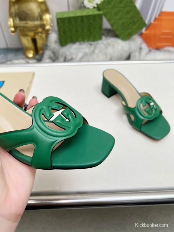 2025 Gucci Green Leather Slippers MJ00190/225