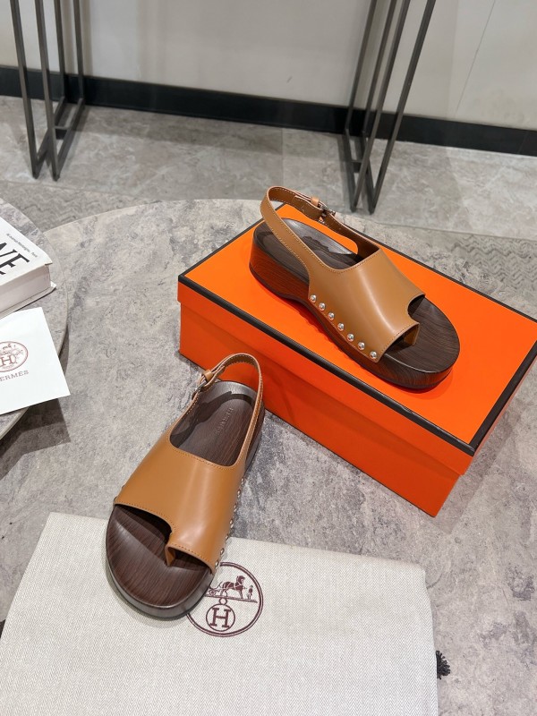 2025 Women Hermès Brown Leather Sandals KFY00250