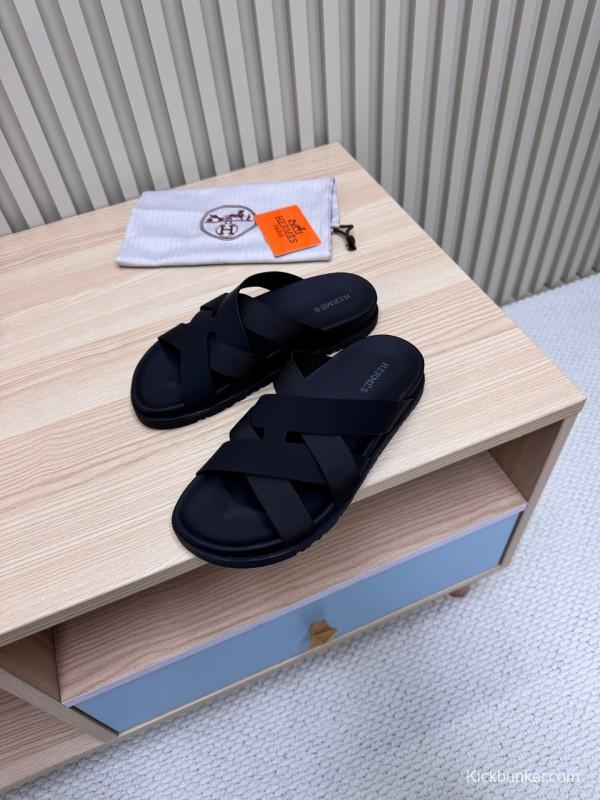 2025 Slippers Unisex Hermès Black Leather Slippers