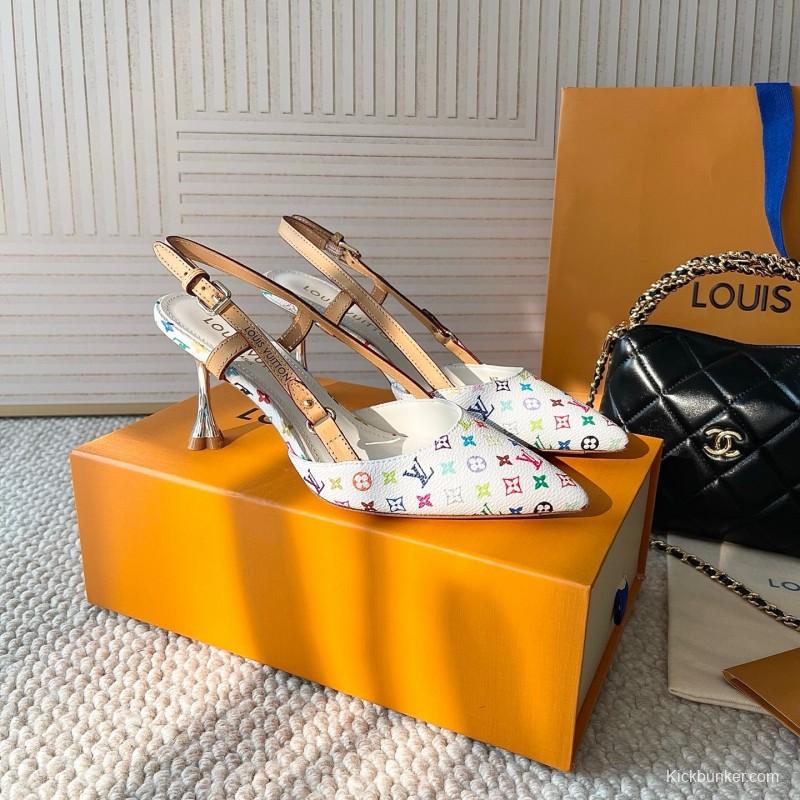 2025 Women Louis Vuitton White Multicolor Canvas Leather Slingback Pumps