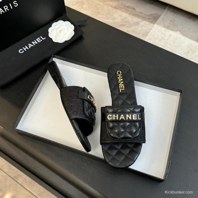 2025 Women Chanel Black Leather Slippers