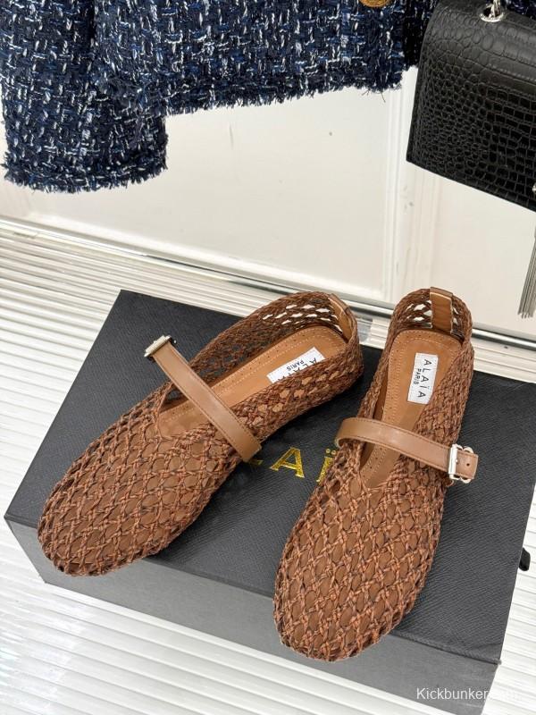 2025 Women AlAIA Brown Leather Woven Mary Jane Shoes
