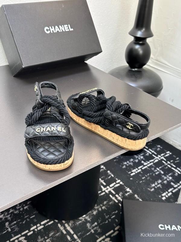 2025 Slippers Chanel Black Rope Leather Sandal LY00260