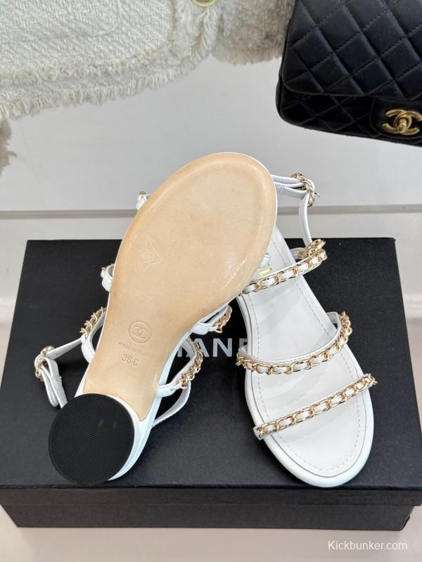 2025 Women Chanel White Leather Chain Strap Sandals