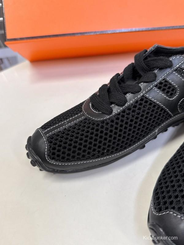 2025 Women Hermès Black Mesh Leather Trainers KFY00250