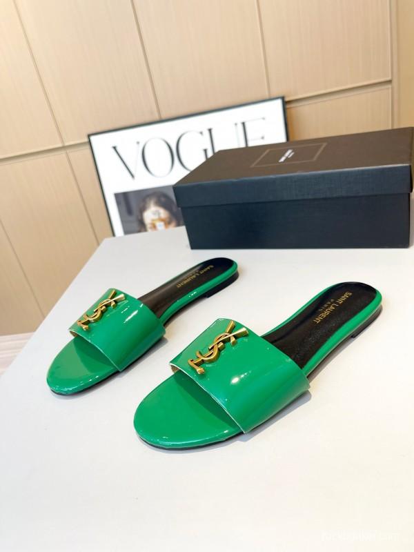 2025 Women Yves Saint Laurent Green Leather Slippers LY00180