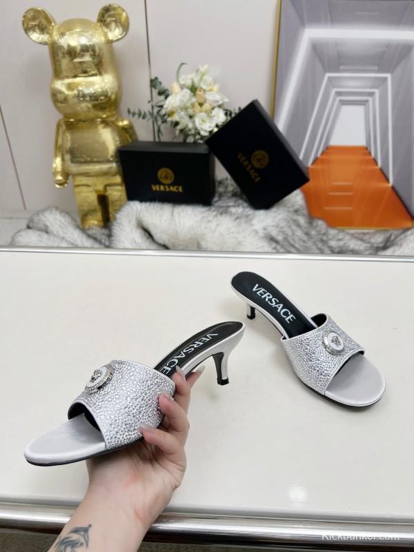 2025 Women VERSACE White Crystal Satin Mules