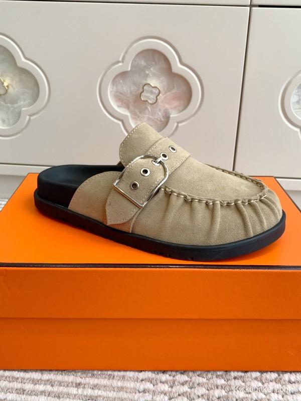 2025 Women Hermès Beige Suede Mule Loafers KFY00290