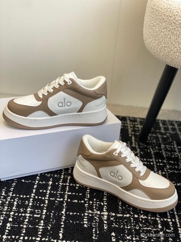 2025 Women Alo White Brown Leather Sneakers KFY00280