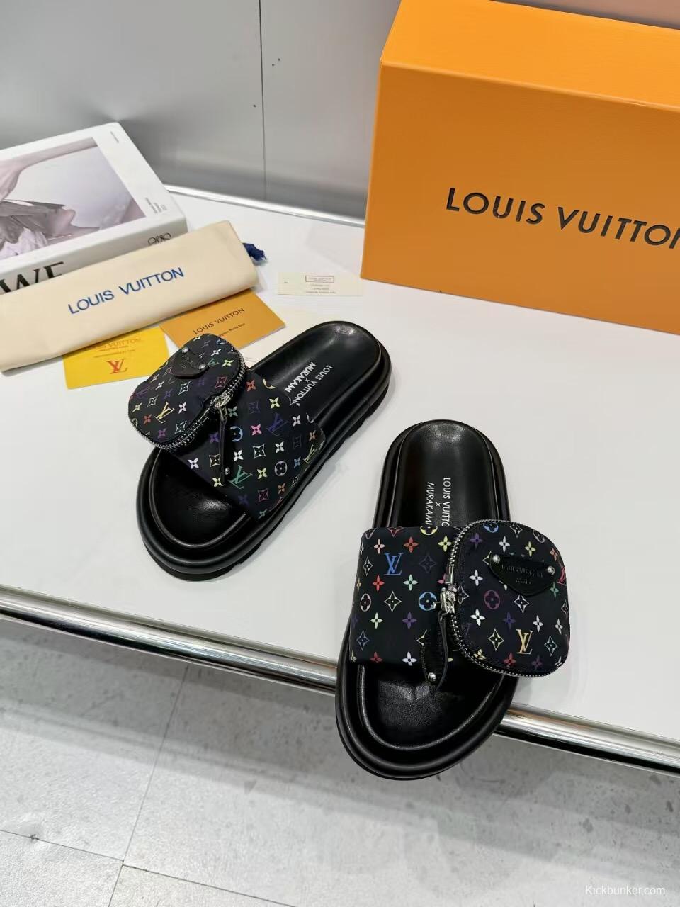 2025 Women Louis Vuitton Black Colorful Canvas Slippers Monogram KFY00230