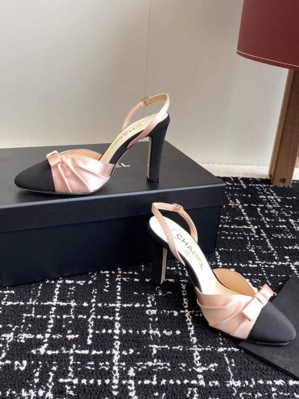 2025 Women Chanel Pink Black Satin Leather Slingback Heels KFY00289