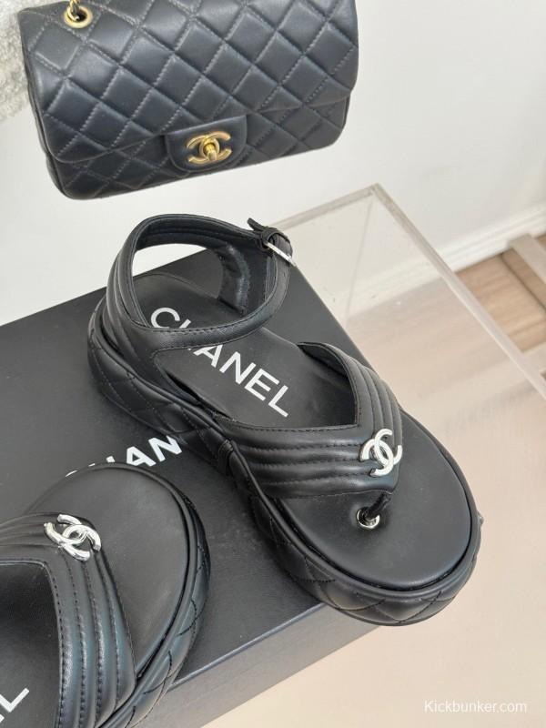 2025 Women Chanel Black Leather Sandals Platform