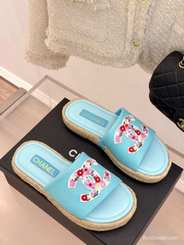 2025 Slippers Chanel Light Blue Fabric Women Embroidered Floral CC Logo KFY00230