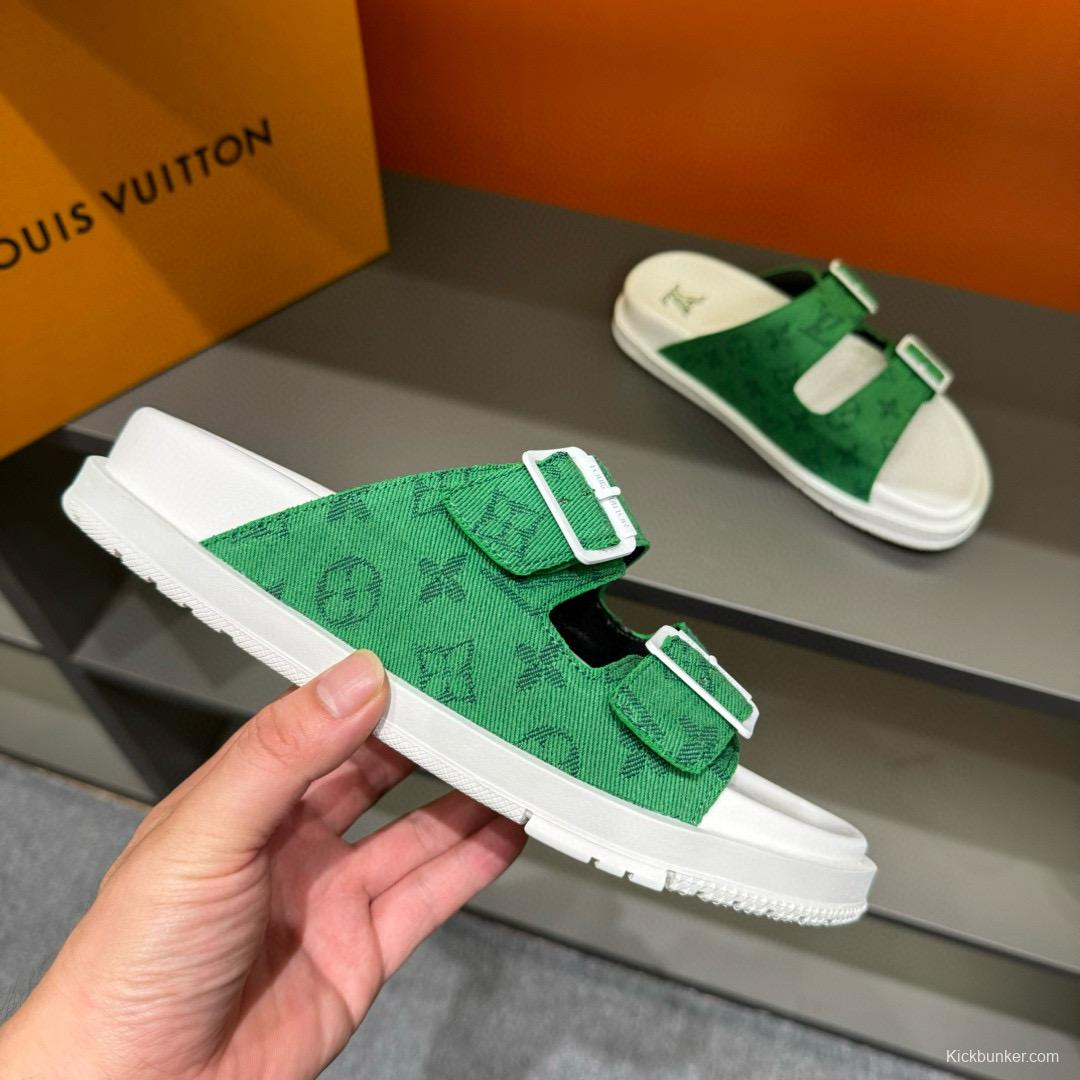 2024 Men Louis Vuitton Green Silk Leather Sandals MJ00210