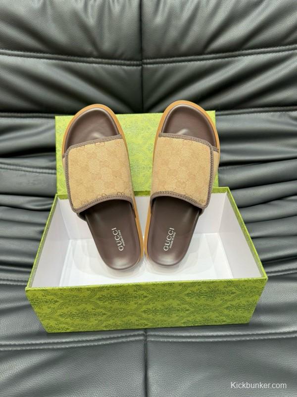 2024 Slippers Gucci Brown Canvas Leather Slippers MJ00200