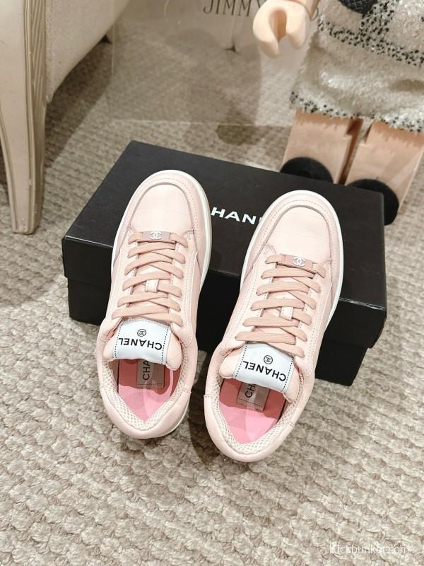 2025 Women Chanel Pink Leather Sneakers