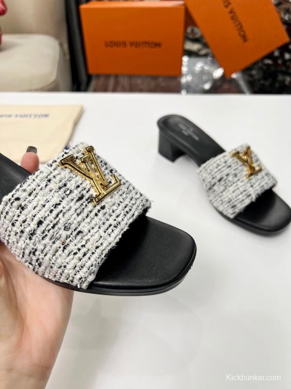 2025 Women Louis Vuitton Black White Tweed Heels LY00220