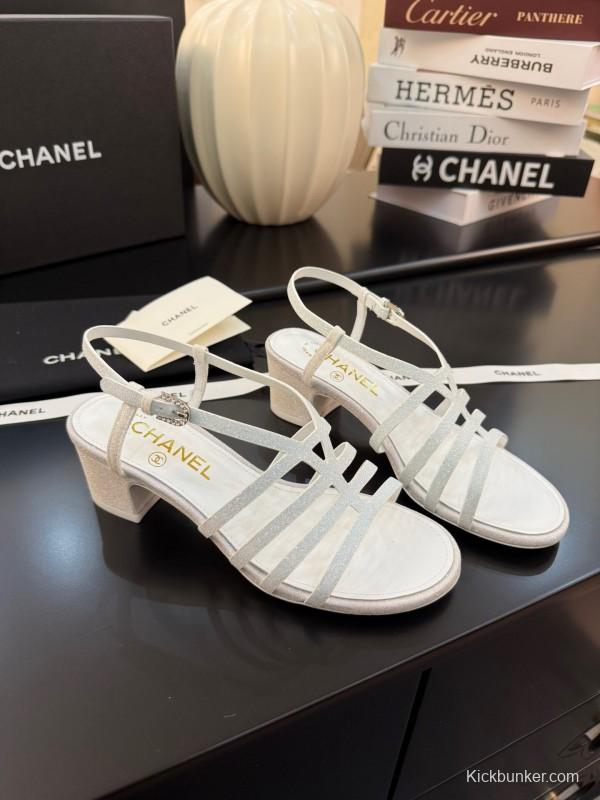 2025 Women Chanel White Leather Sandals