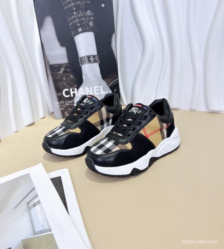 2024 Kids BURBERRY Beige White Black Leather Fabric Sneakers