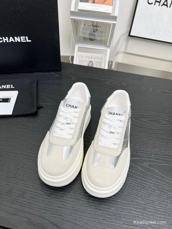 2025 Women Chanel White Silver Leather Suede Sneakers