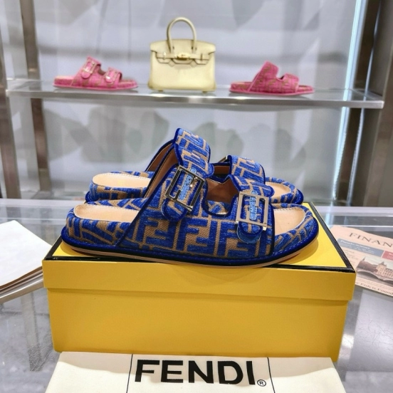 2025 Fendi Blue Fabric Leather Slippers MJ00230