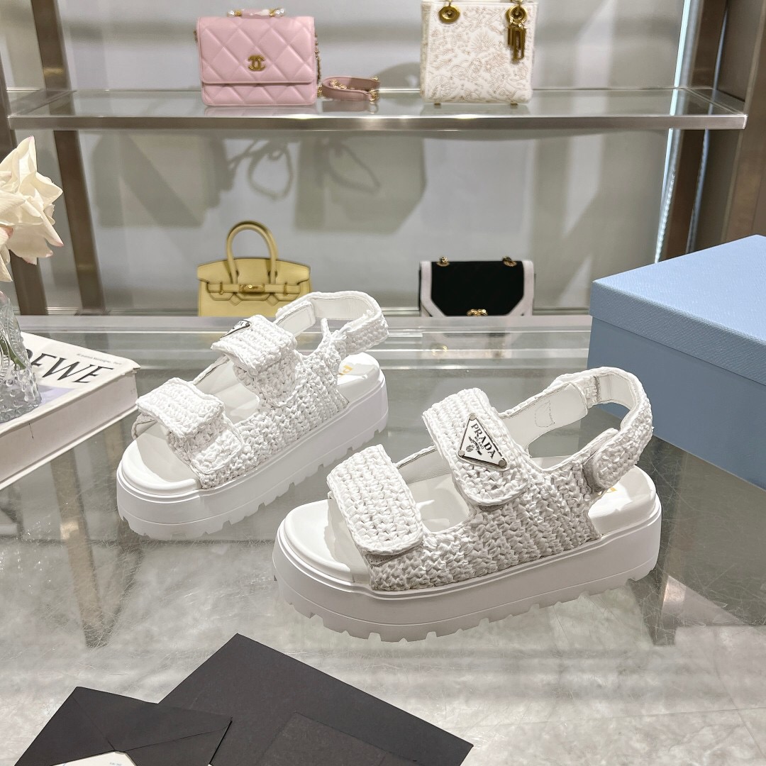 2025 Women Prada White Knitted Platform Sandals