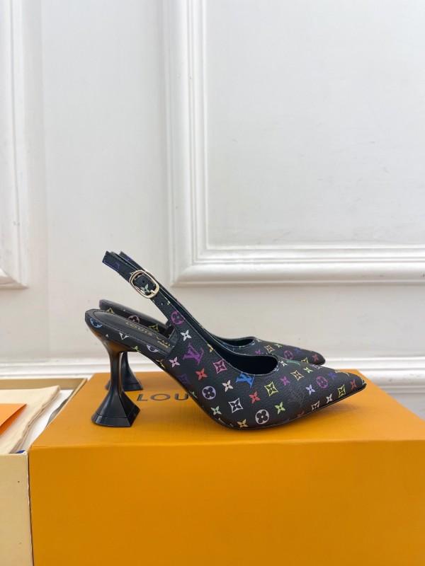 2025 Women Louis Vuitton Black Multicolor Leather Slingback Heels KFY00280