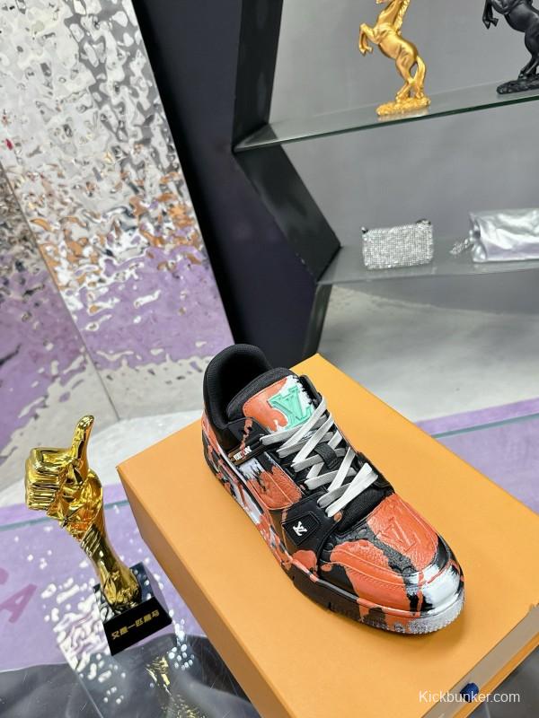 2024 Unisex Louis Vuitton Orange Black White Leather Denim Plimsolls Artist Hand-drawn MJ00780