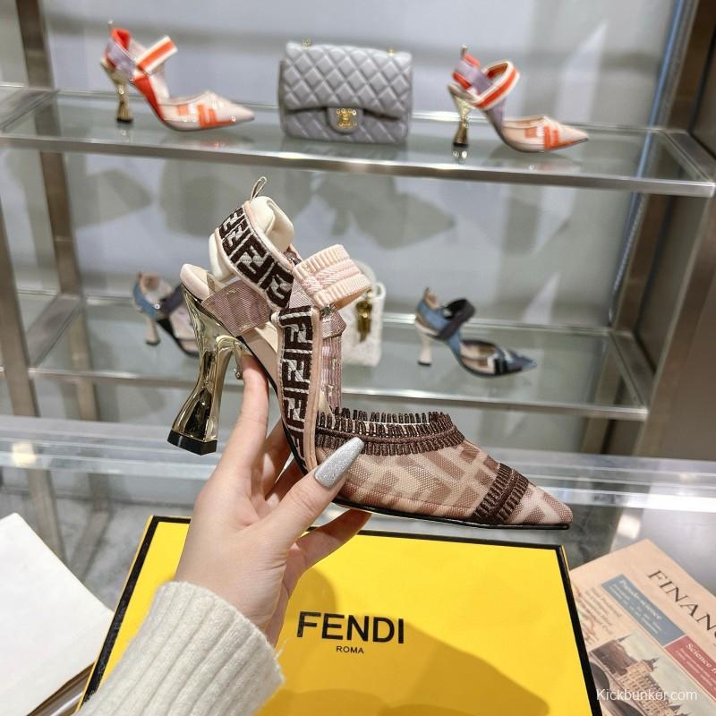 2025 Women Fendi Beige Brown Fabric Leather High Heels MJ00280