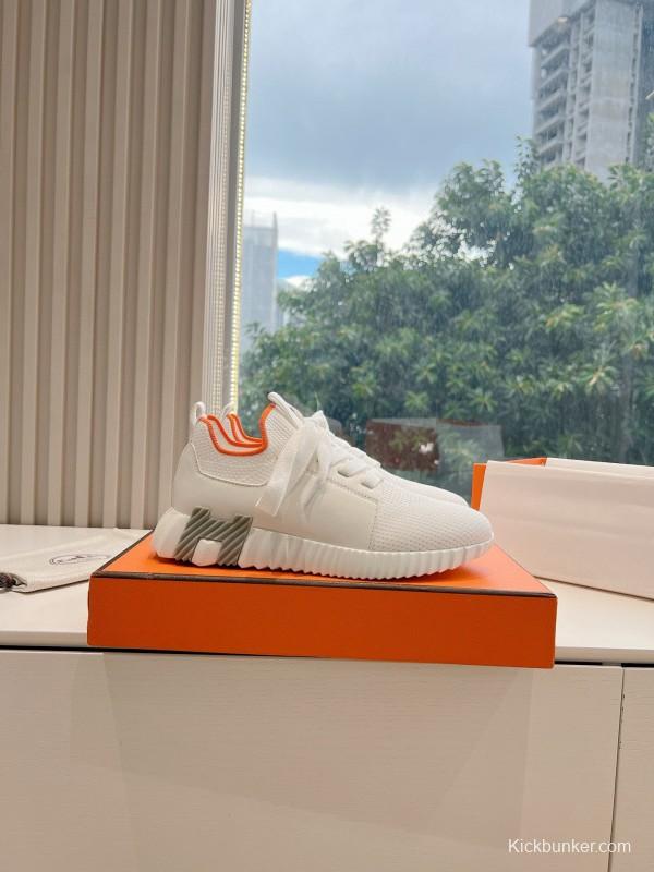 2024 Unisex Hermès white orange knit leather sneakers