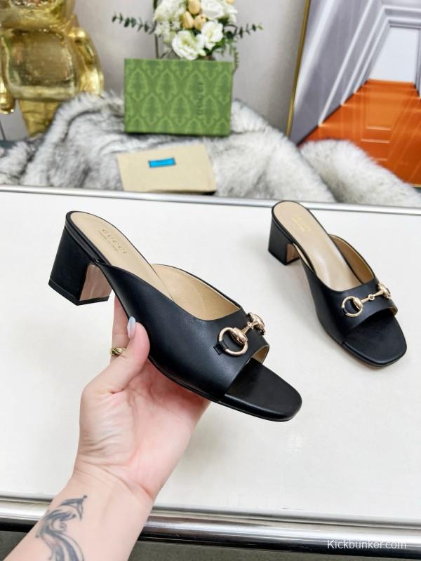 2025 Women Gucci Black Leather Mules Classic Buckle MJ00180