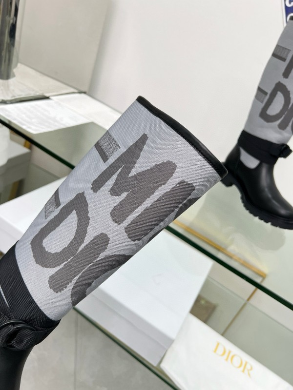 2024 Women Dior Black Grey Leather Fabric Knee High Boots