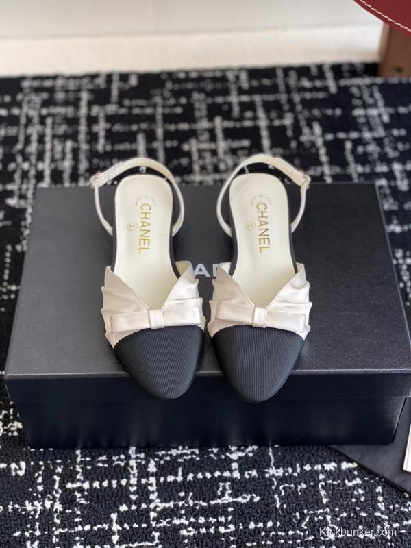 2025 Women Chanel Black Beige Silk Leather Sandals Bow KFY00289