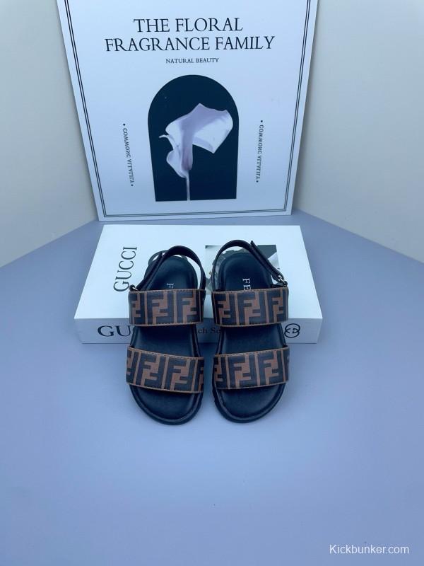 2025 Kids Fendi Brown Black Leather Sandals