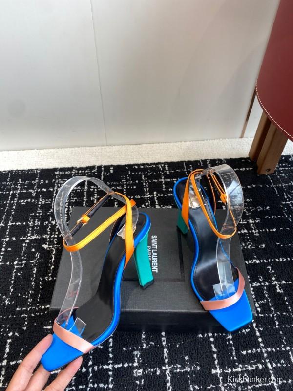 2025 Women Yves Saint Laurent Blue Orange Pink Leather Suede High Heel Sandals
