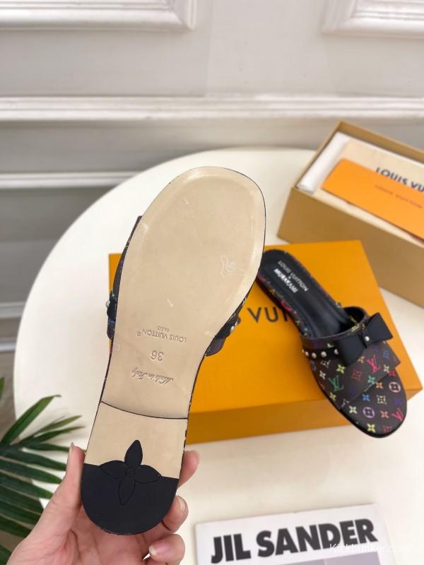 2025 Slippers Louis Vuitton Black Multicolor Monogram Leather Bow KFY00290