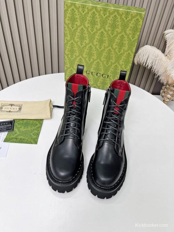 2024 Women Gucci Black Leather Lace-Up Combat Boots Red Green Web MJ00340