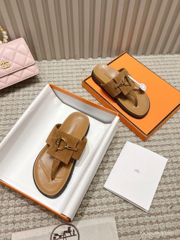 2025 Slippers Hermès Brown Suede Leather Casual LY00350