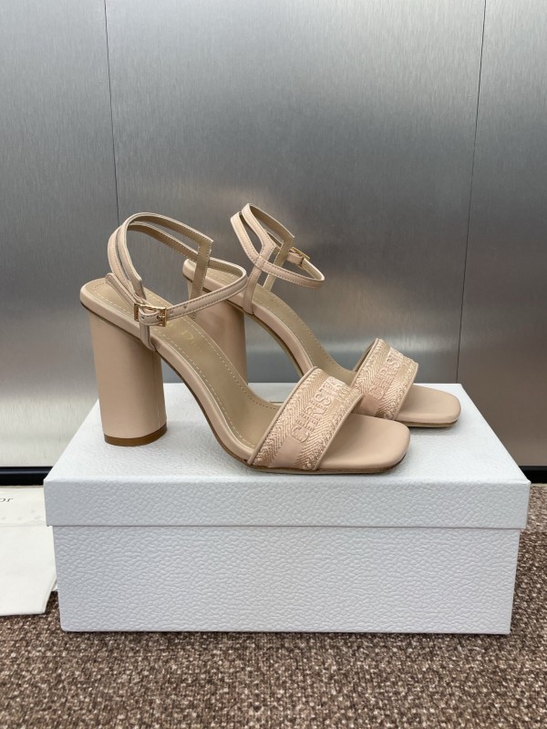 2025 Women Dior Beige Fabric Leather High Heel Sandals
