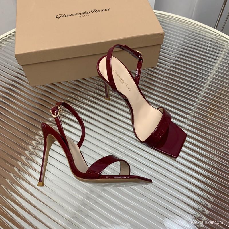 2025 Women Gianvito Rossi Burgundy Patent Leather High Heel Sandals