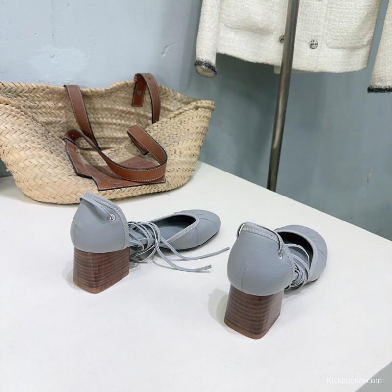 2025 Women LEMAIRE Light Grey Leather Mary Jane Block Heel KFY00300