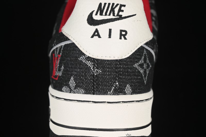 Nike Air Force 1 '07 Low LV Collaboration Black Denim Red Swoosh Casual Sneakers - LW9279-001