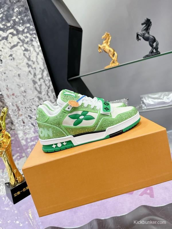 2025 Unisex Louis Vuitton Green White Leather Fabric Plimsolls Handmade Crystal Detailing AS00400