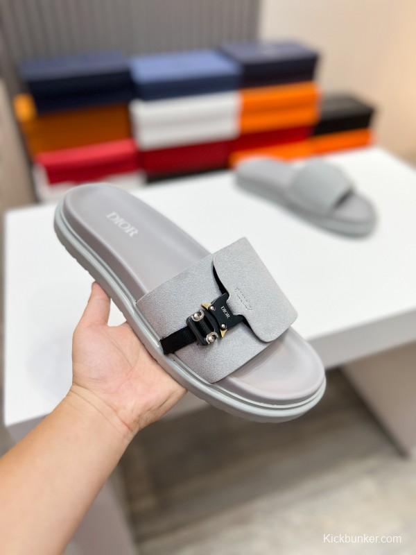 2025 Men Dior Grey Nubuck Leather Slippers AS00190