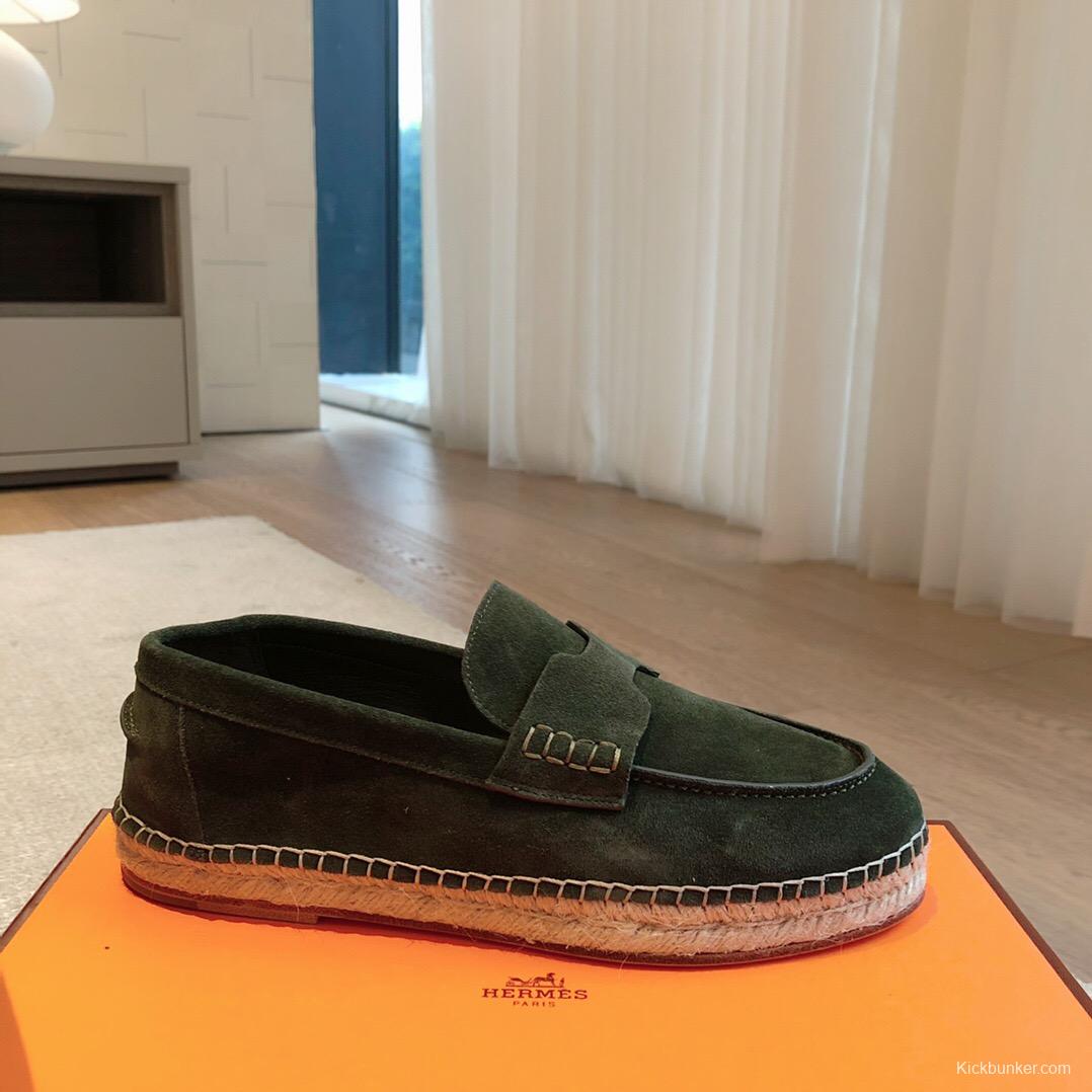 2025 Unisex Hermès Dark Green Suede Leather Loafers AS00380